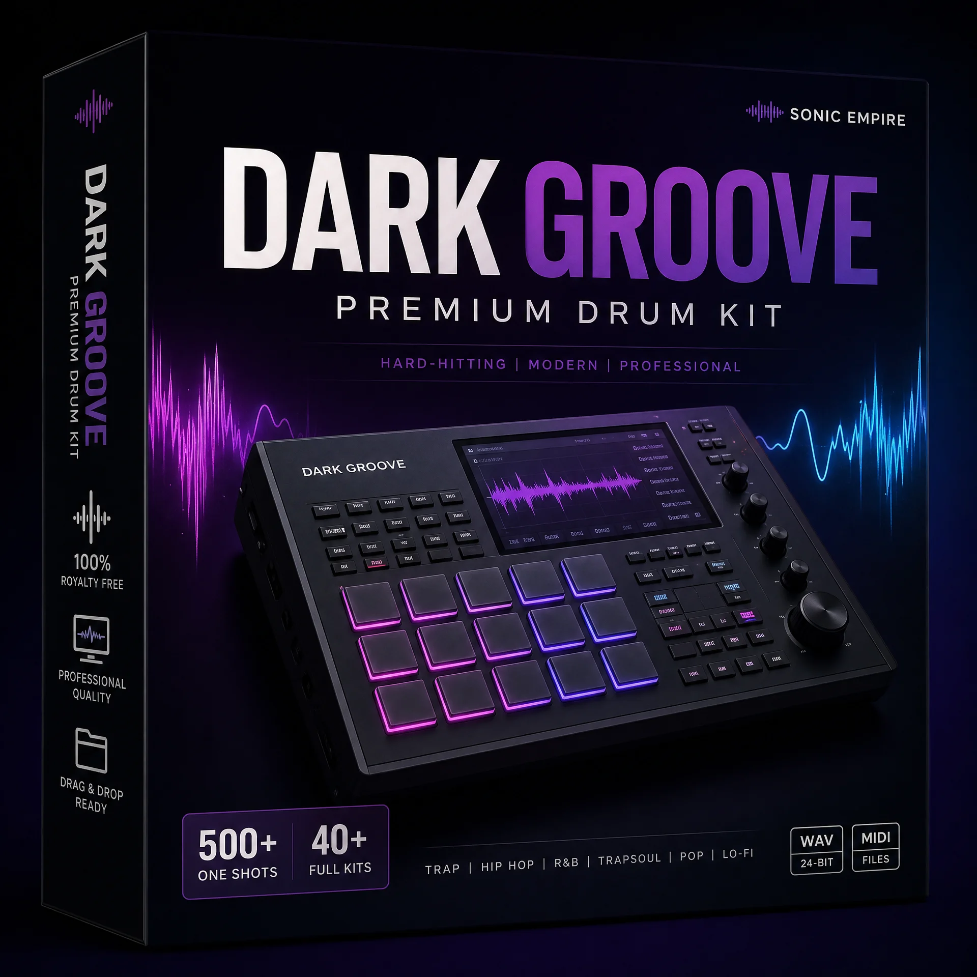 Dark Groove Premium Drum Kit采样包封面，专业鼓机设备展示